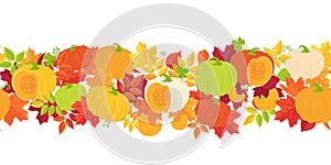 Horizontal seamless background with pumpkins and autumn leaves on white background