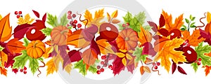 Horizontal seamless background with pumpkins and colorful autumn leaves. Vector illustration.