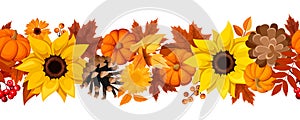 Horizontal seamless background with pumpkins, sunflowers and autumn leaves. Vector illustration.