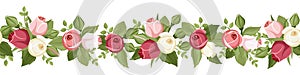 Horizontal seamless background with red, pink and white rose buds. Vector illustration.