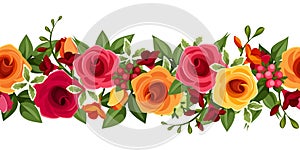 Horizontal seamless background with red and yellow roses and freesia. Vector illustration.