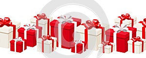 Horizontal seamless background with white and red gift boxes. Vector illustration.