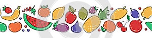 Horizontal seamless banner template with fresh organic summer fruits and berries on white. Decorative vector illustration in flat