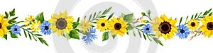 Horizontal seamless border with blue and yellow flowers. Vector illustration