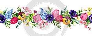 Horizontal seamless border with colorful flowers. Vector illustration.