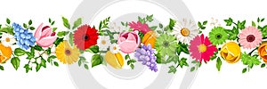 Horizontal seamless border with colorful spring flowers. Vector illustration