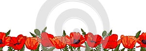 Horizontal seamless border with hand drawn red poppy flowers isolated on white background