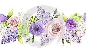 Horizontal seamless border with pink, purple and white flowers. Vector illustration.