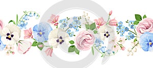 Horizontal seamless border with pink, white and blue flowers. Vector illustration.