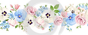 Horizontal seamless border with pink, white, and blue flowers. Vector illustration photo