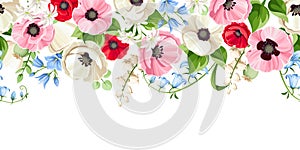 Horizontal seamless border with red, pink, blue, and white flowers. Vector illustration