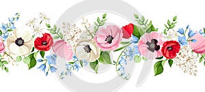 Horizontal seamless border with red, pink, blue and white flowers. Vector illustration.