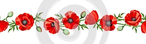 Horizontal seamless border with red poppy flowers. Vector illustration.