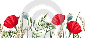 Horizontal seamless border with wild flowers and grasses. Vector illustration.