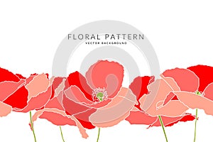 Horizontal seamless floral border decorated with red poppy flowers. Spring botanical flat vector illustration on white