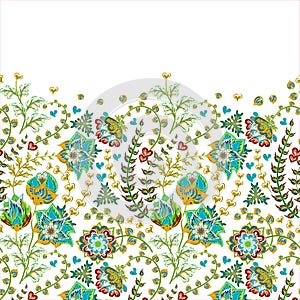 Horizontal seamless floral border on a white background. Banner or background with colorful blooming flowers and leaves