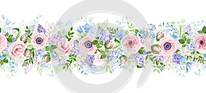 Horizontal seamless garland with pink, blue and purple flowers. Vector illustration.