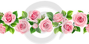 Horizontal seamless garland with pink roses. Vector illustration.