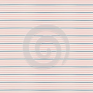 Horizontal seamless irregular thin striped pattern. Blue and pink color stripes on bige background. Seamless vector