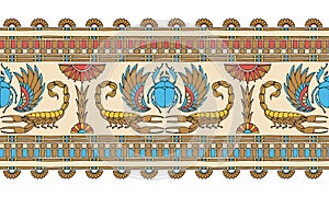 Horizontal seamless pattern, ancient Egyptian decorative ornament with scorpions, scarabs and palms