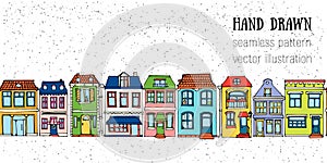 Horizontal seamless pattern hand drawn European city houses. Cute cartoon style vector illustration. Colorful modern townhouse bui