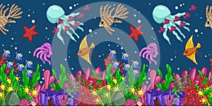 Horizontal seamless pattern with marine life: fish, starfish, jellyfish, seaweed, shells, bubbles and corals. Hand draw art