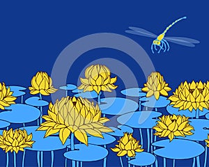 Horizontal seamless pattern, water lily flowers and dragonfly, for ornaments, decorative frames and borders