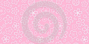 Horizontal seamless pattern with white outline geometrical sakura flowers