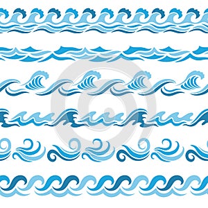 Horizontal seamless patterns with stylized blue waves