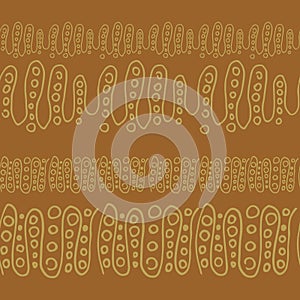 Horizontal seamless wavy border with circles between the lines. Vector illustration in Doodle style on a white background. Brown,