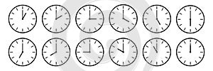 horizontal set of analog clock icon notifying each hour isolated on white,vector illustration
