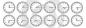 horizontal set of analog clock icon notifying each quarter 15 minutes isolated on white,vector illustration photo
