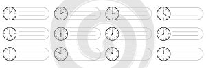 horizontal set of analog clock icon with short note notify of each hour activities isolated on white