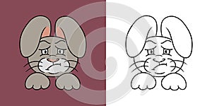 Horizontal Set of pictures, angry gray rabbit, disgruntled hare, vector illustration in cartoon style
