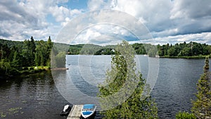 Horizontal shot of a beautiful lake near the Laurentian Mountains in Quebec, Canada