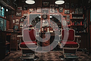 Horizontal shot of empty chairs in retro styled barbershop. Hair salon interior.