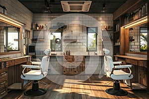 Horizontal shot of empty chairs in retro styled barbershop. Hair salon interior.