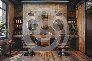 Horizontal shot of empty chairs in retro styled barbershop. Hair salon interior.