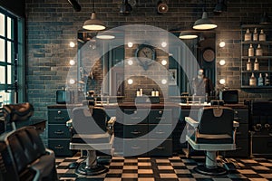 Horizontal shot of empty chairs in retro styled barbershop. Hair salon interior.