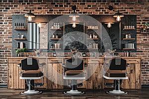 Horizontal shot of empty chairs in retro styled barbershop. Hair salon interior.