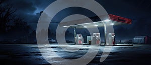 Horizontal shot of a generic unbranded gas station at night