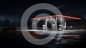 Horizontal shot of a generic unbranded gas station at night