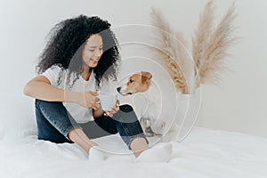 Horizontal shot of happy Afro American woman spends leisure time with dog, feels comfort, poses on bed with white bedclothes. Jack