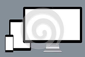 Horizontal shot of modern gadgets with white mock up screens against grey background. Set of mobile phone, tablet computer and photo