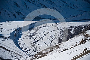 Horizontal shot of Spiti Valley, Kaza in winter