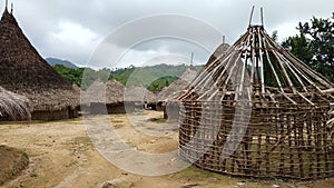 Horizontal shot of Tairona huts on the trail to the \