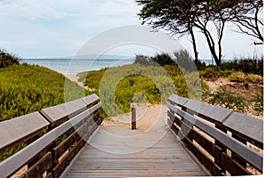 Horizontal shot of a wooden pathway leading to the beach with the peaceful sea in sight