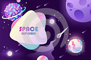 Horizontal space background with abstract shape and planets. Cartoon game backdrop. Web design. Presentation template.