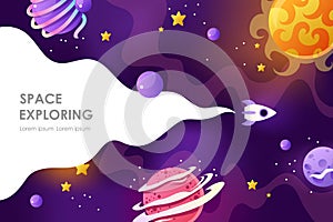 Horizontal space background with abstract shape and planets. Cartoon game backdrop. Web design. Space exploring.