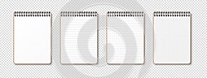 Horizontal spiral spring realistic notepad on transparent background. Lined, gridded, checkered grid, dotted and empty blank